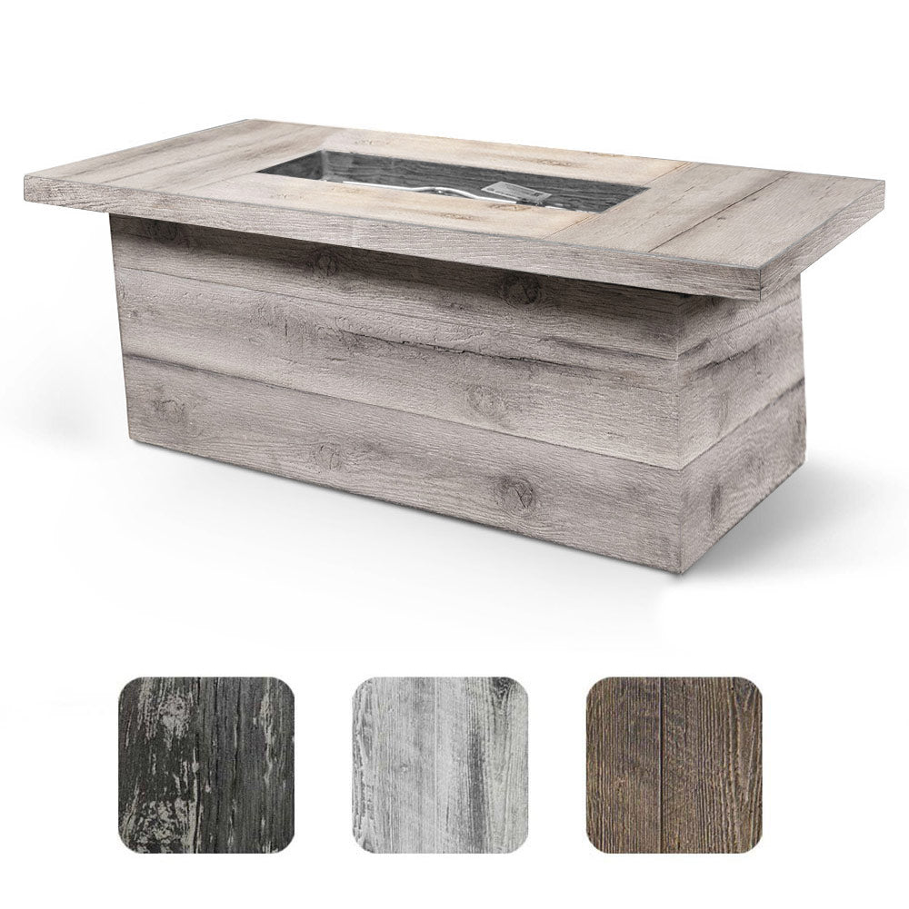 Wood-grain fire pit table with square concrete-style finish and burner opening