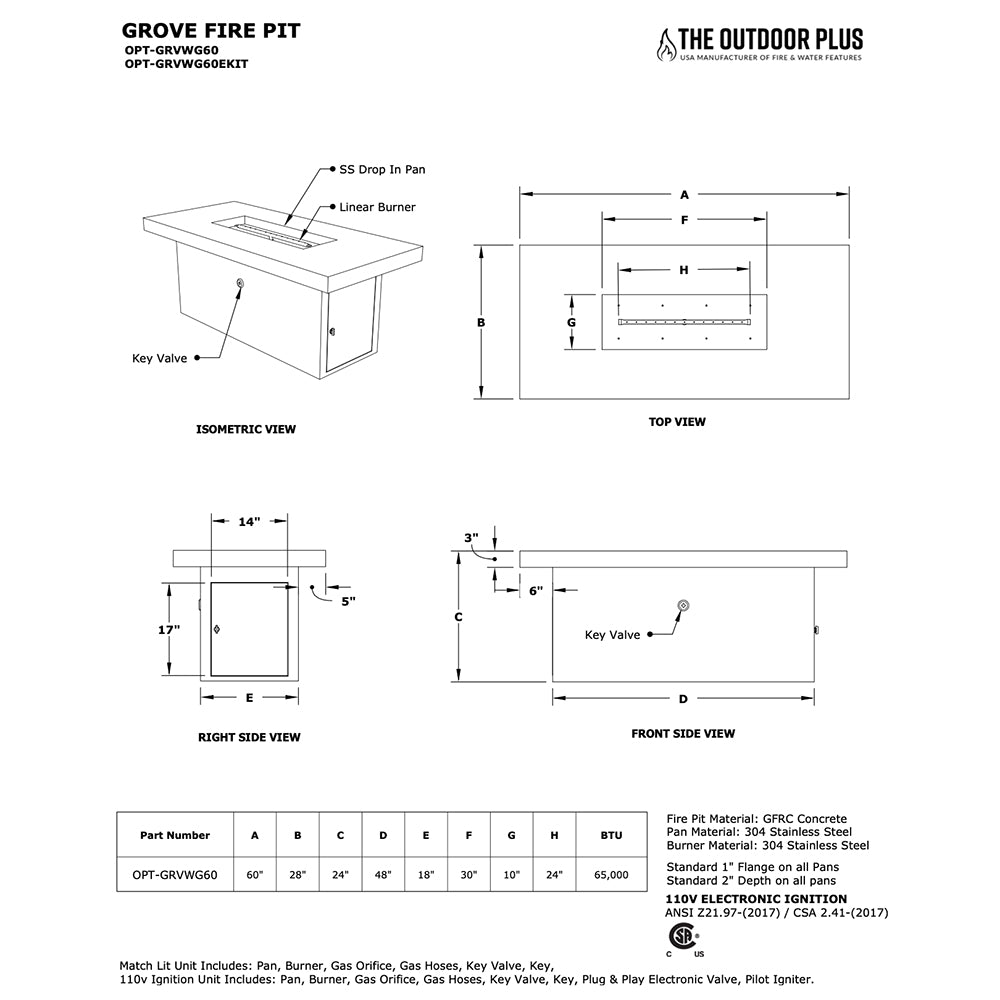 Grove fire pit schematic with top, side, and isometric dimension views