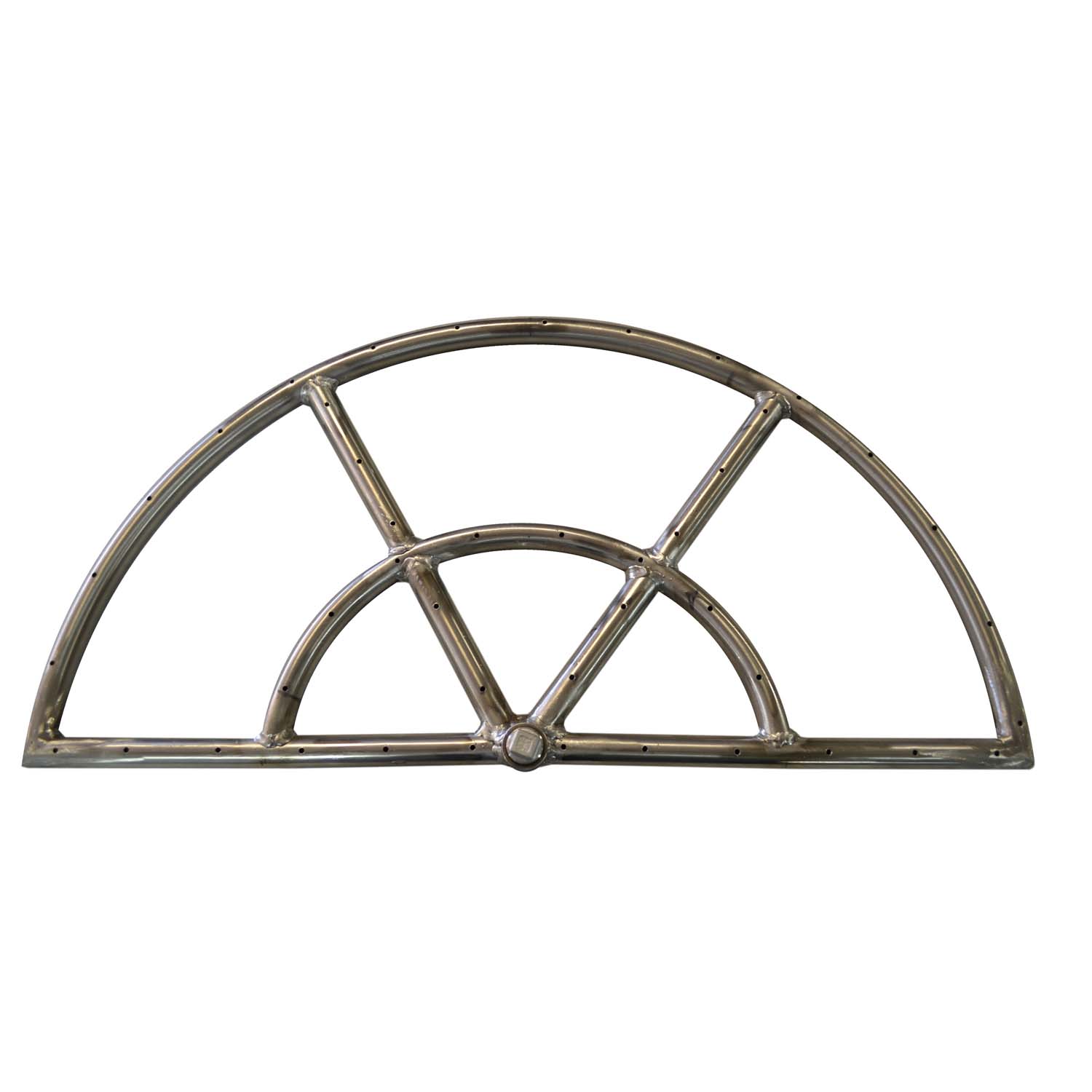 Stainless steel half-moon gas fire pit burner with arched support frame
