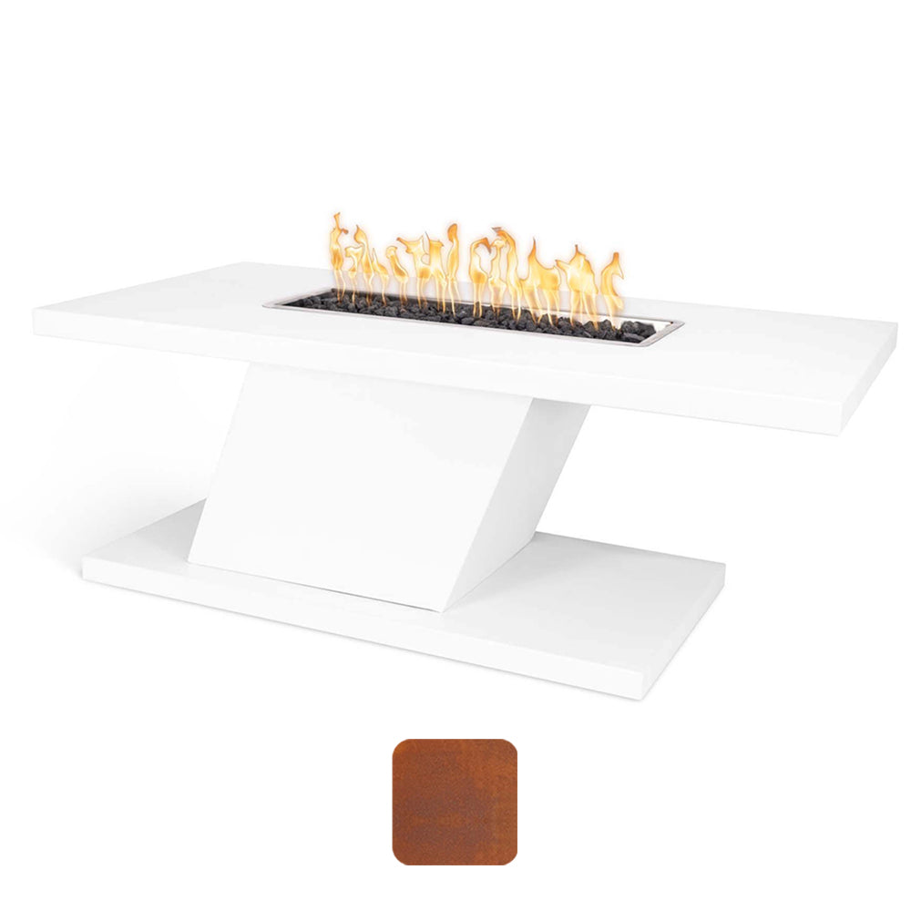 White linear gas fire pit with rectangular burner pan and visible flames