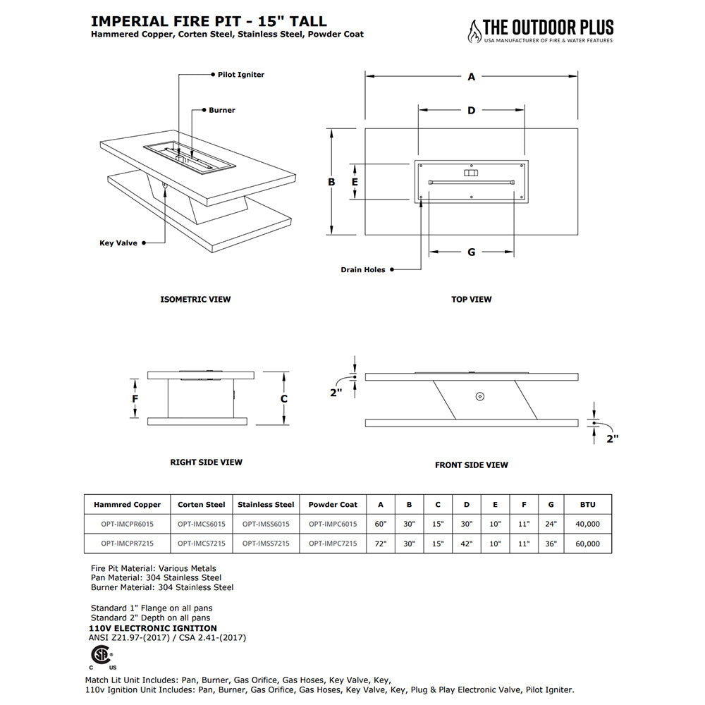 Gas fire pit technical diagram with burner, igniter, and dimension labels