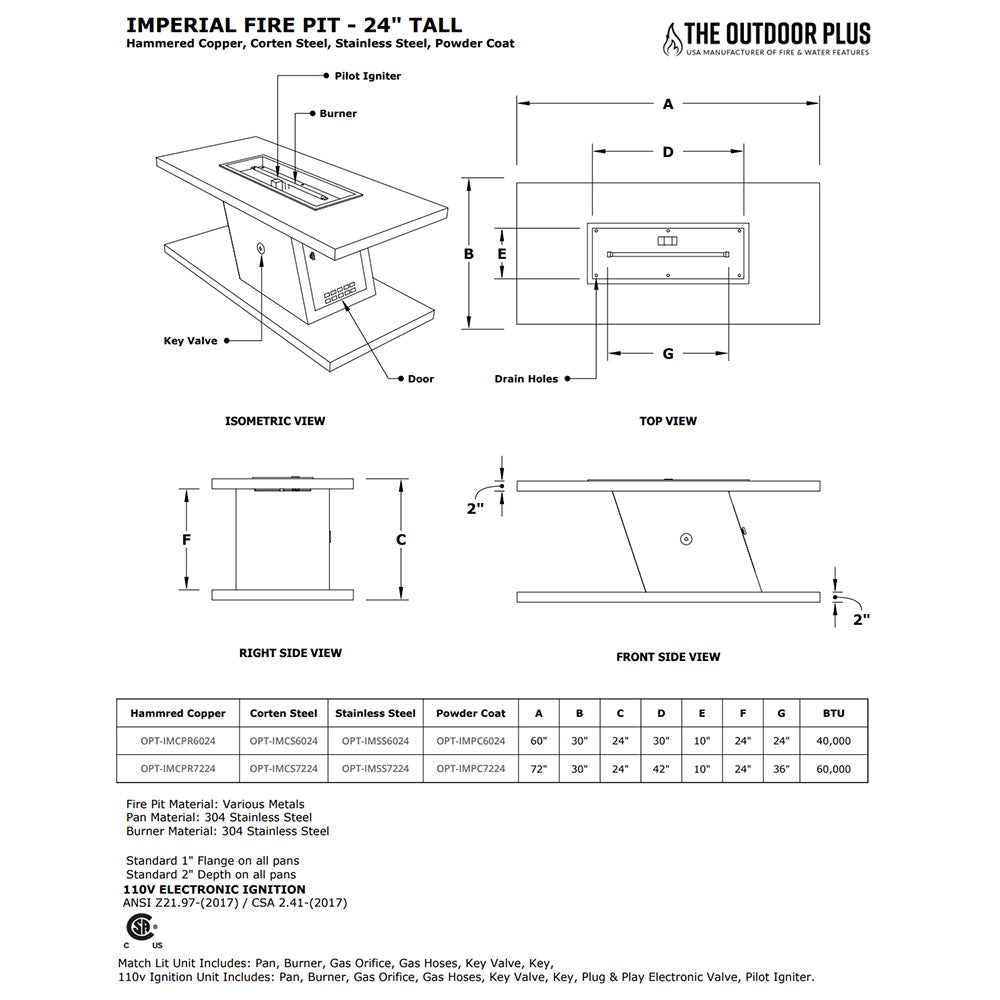 TOP Fires by The Outdoor Plus Imperial 24-Inch Tall Linear Powder Coated Steel Gas Fire Pit