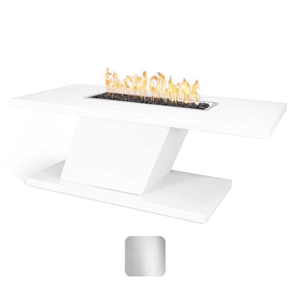 White linear gas fire pit with rectangular burner pan and visible flames