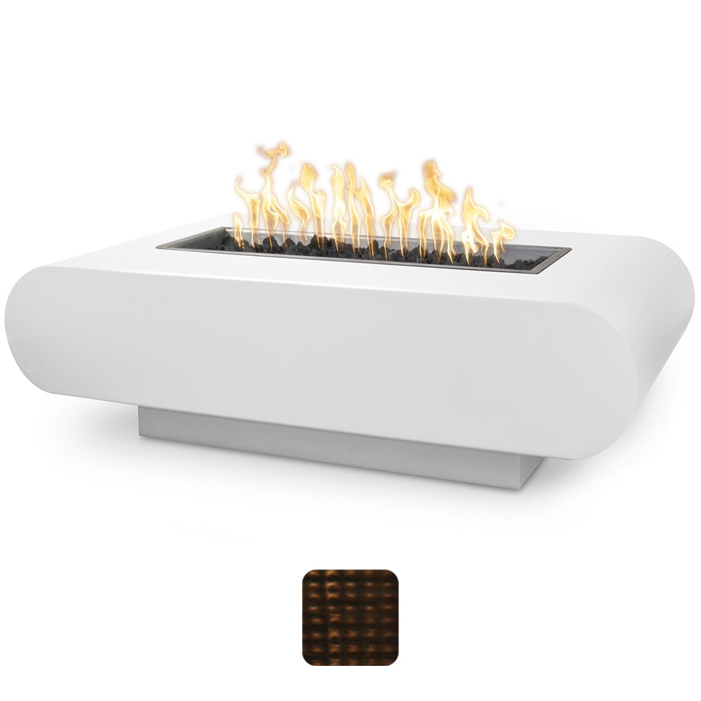 La Jolla rectangular gas fire pit with glowing flames in a black burner tray