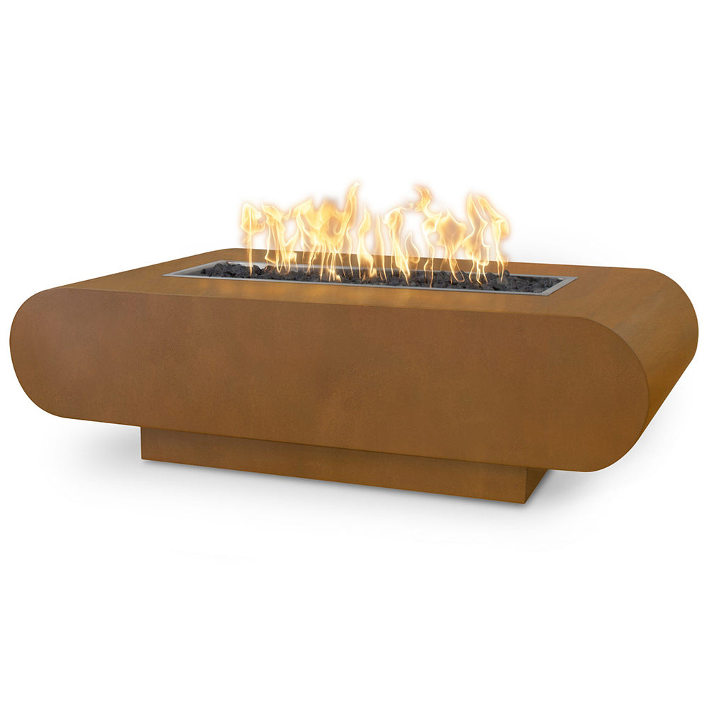 Rectangular corten steel gas fire pit with open burner and flames