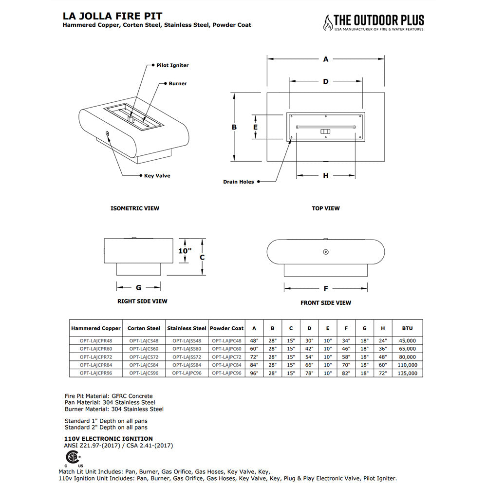 Rectangular fire pit technical diagram with measurements and components