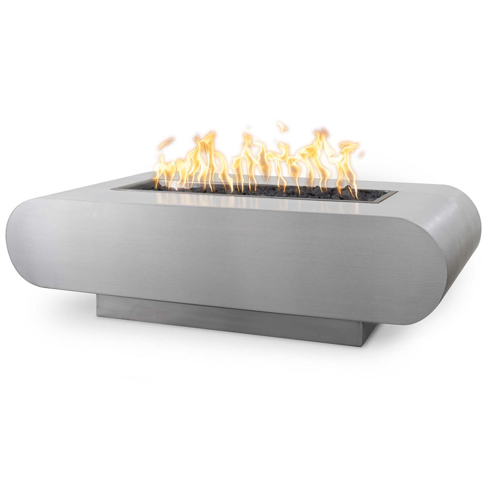 Rectangular stainless steel gas fire pit with burning flames in open center