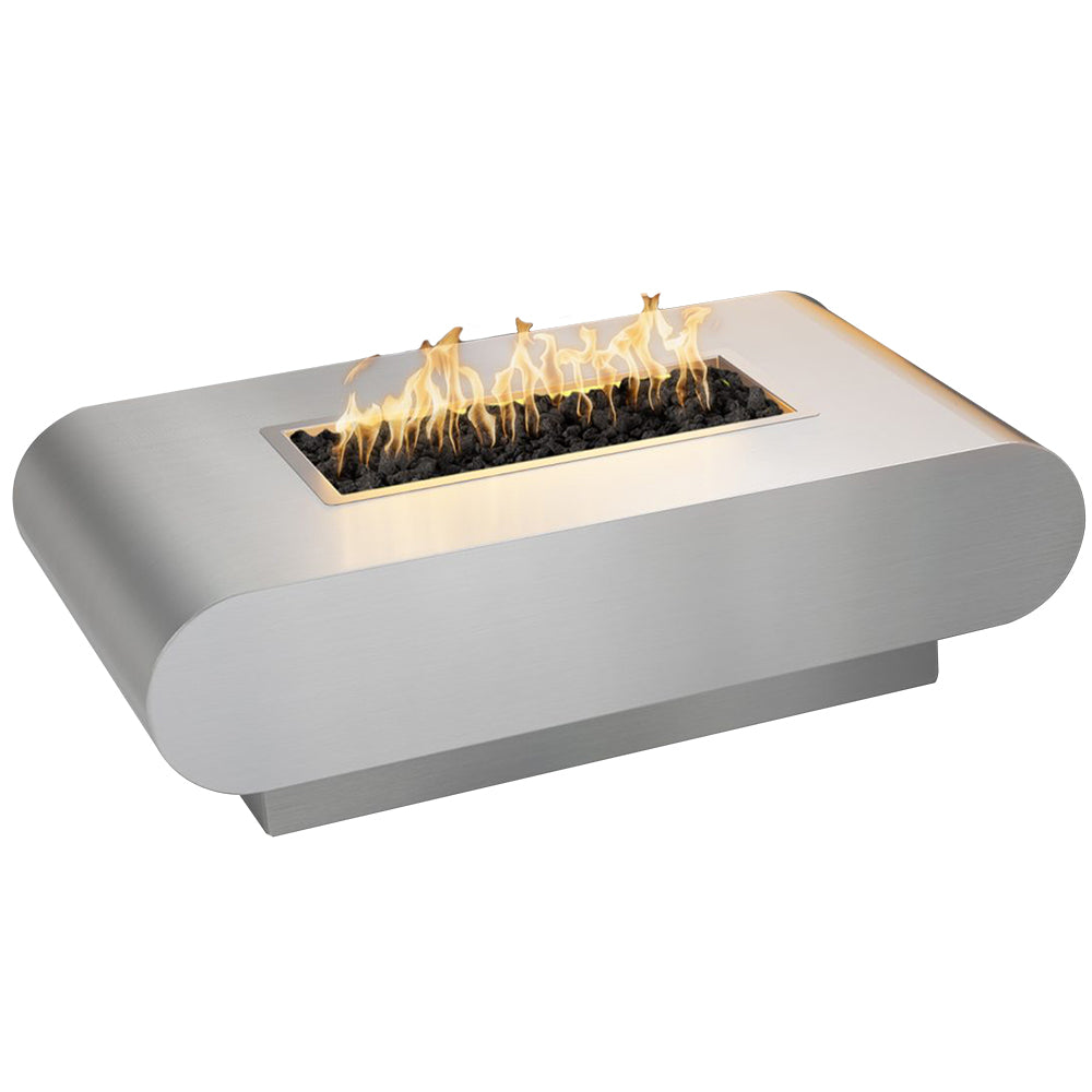 Rectangular stainless steel gas fire pit with open burner and visible flames