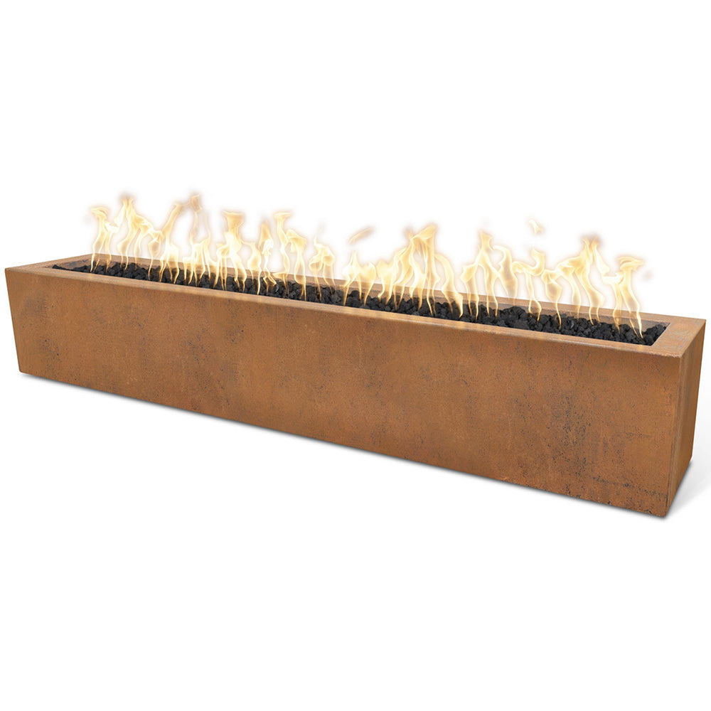Linear corten steel gas fire pit with glowing flames along the front edge