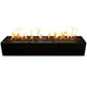 Black rectangular linear gas fire pit with flames across the burner bed