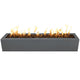 Gray linear gas fire pit with flames, rectangular powder-coated steel body