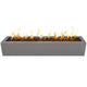 Linear powder-coated steel gas fire pit with open flames, rectangular gray frame