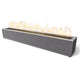 Gray speckled linear gas fire pit with flames in the top burner channel