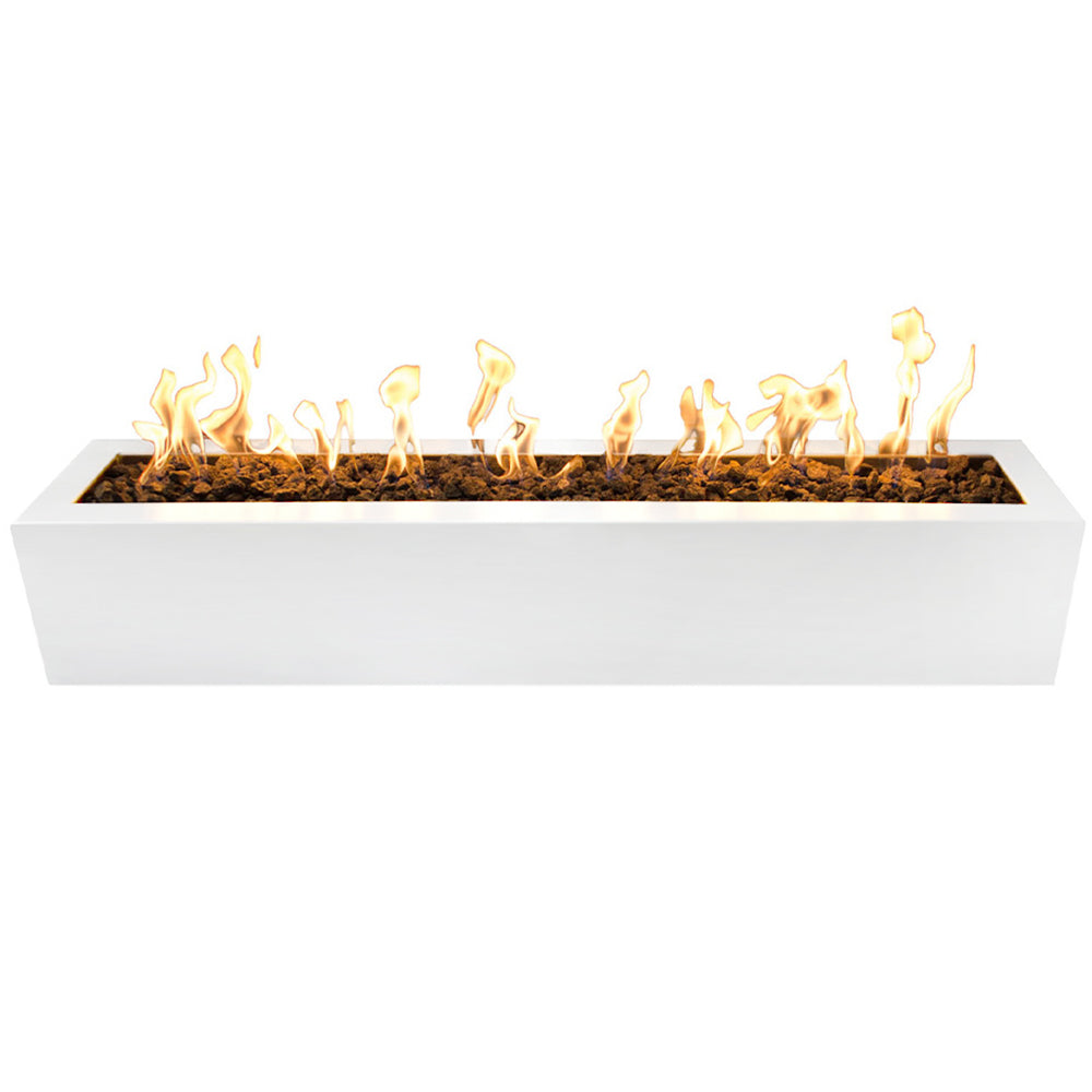 White rectangular linear gas fire pit with flames along the burner bed