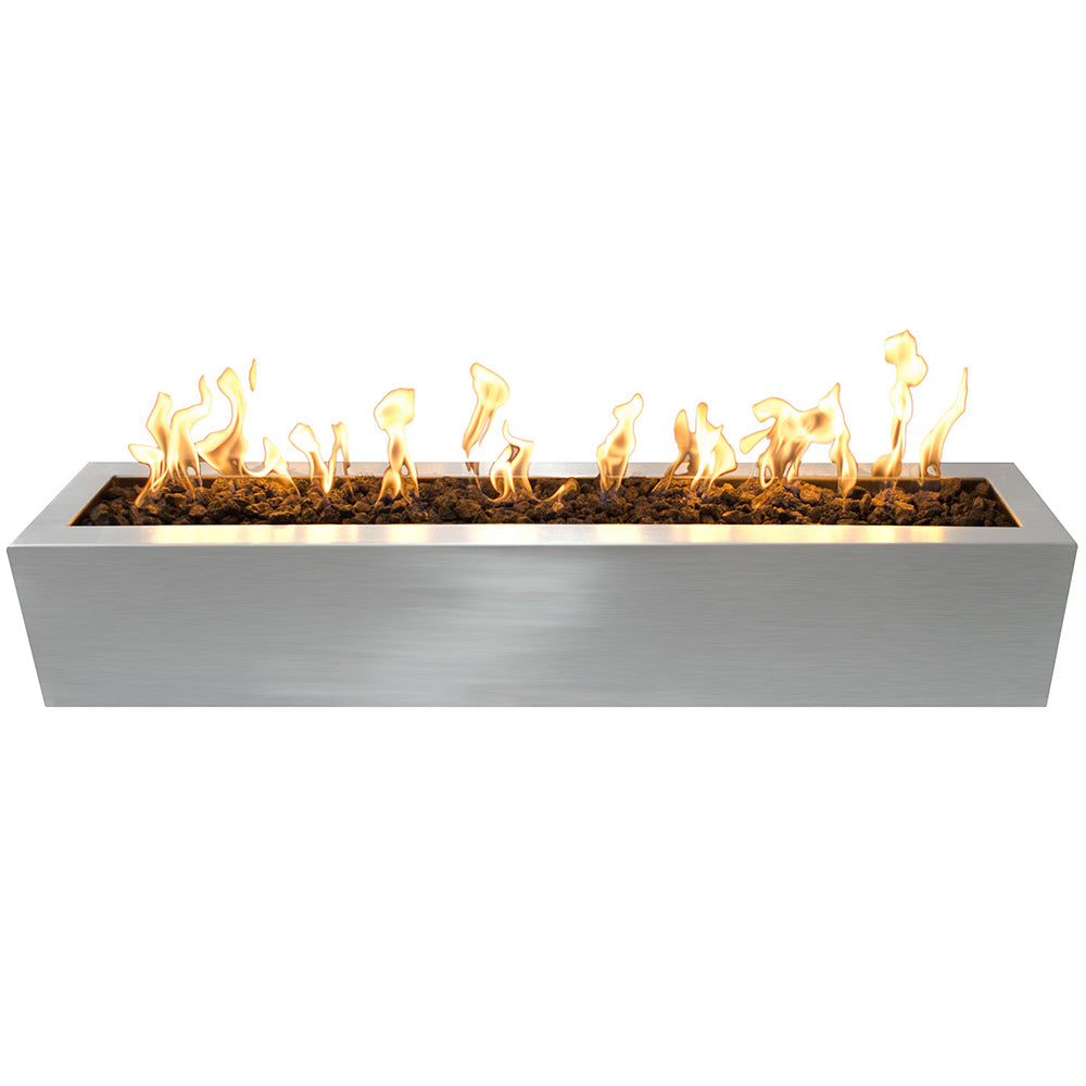 Rectangular stainless steel gas fire pit with visible flames in a linear burner