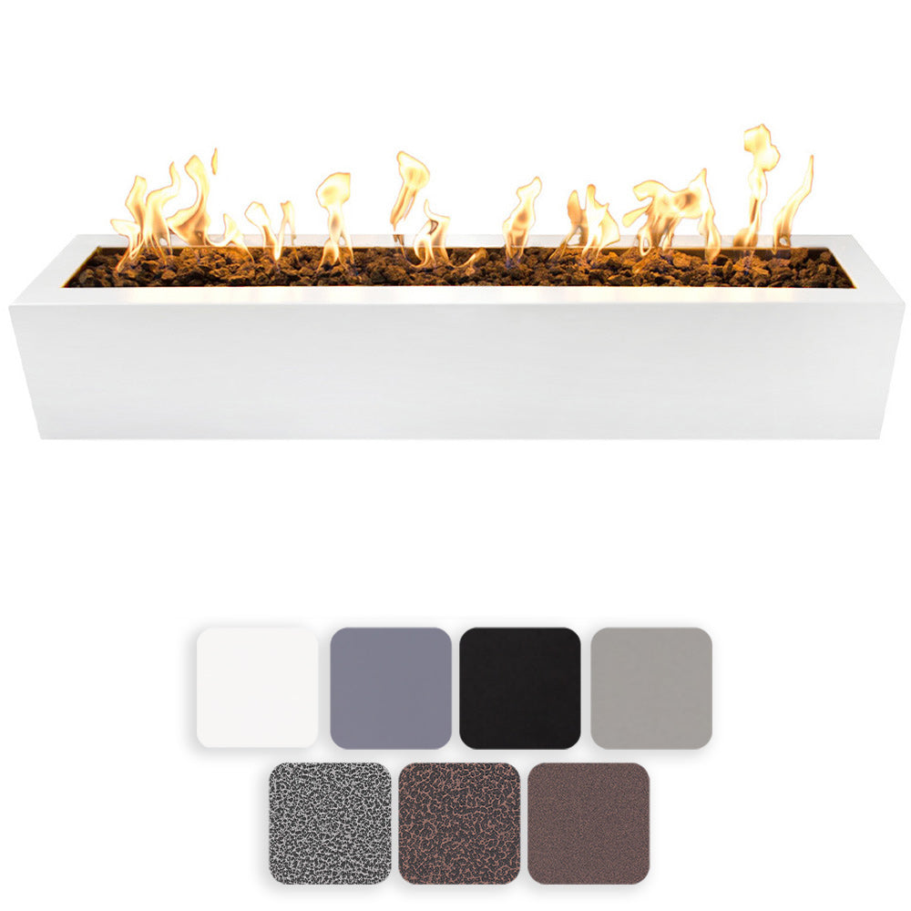 White rectangular linear gas fire pit with flames visible in the burner tray
