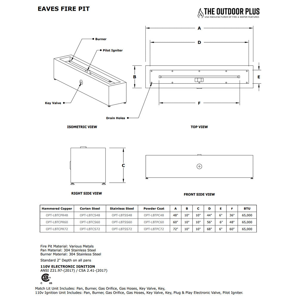 Eaves linear gas fire pit technical diagram with labeled burner views