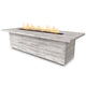 Rectangular wood-grain gas fire pit with visible flames, light gray concrete finish