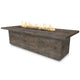 Rectangular wood-grain gas fire pit with visible flames, dark charcoal concrete finish