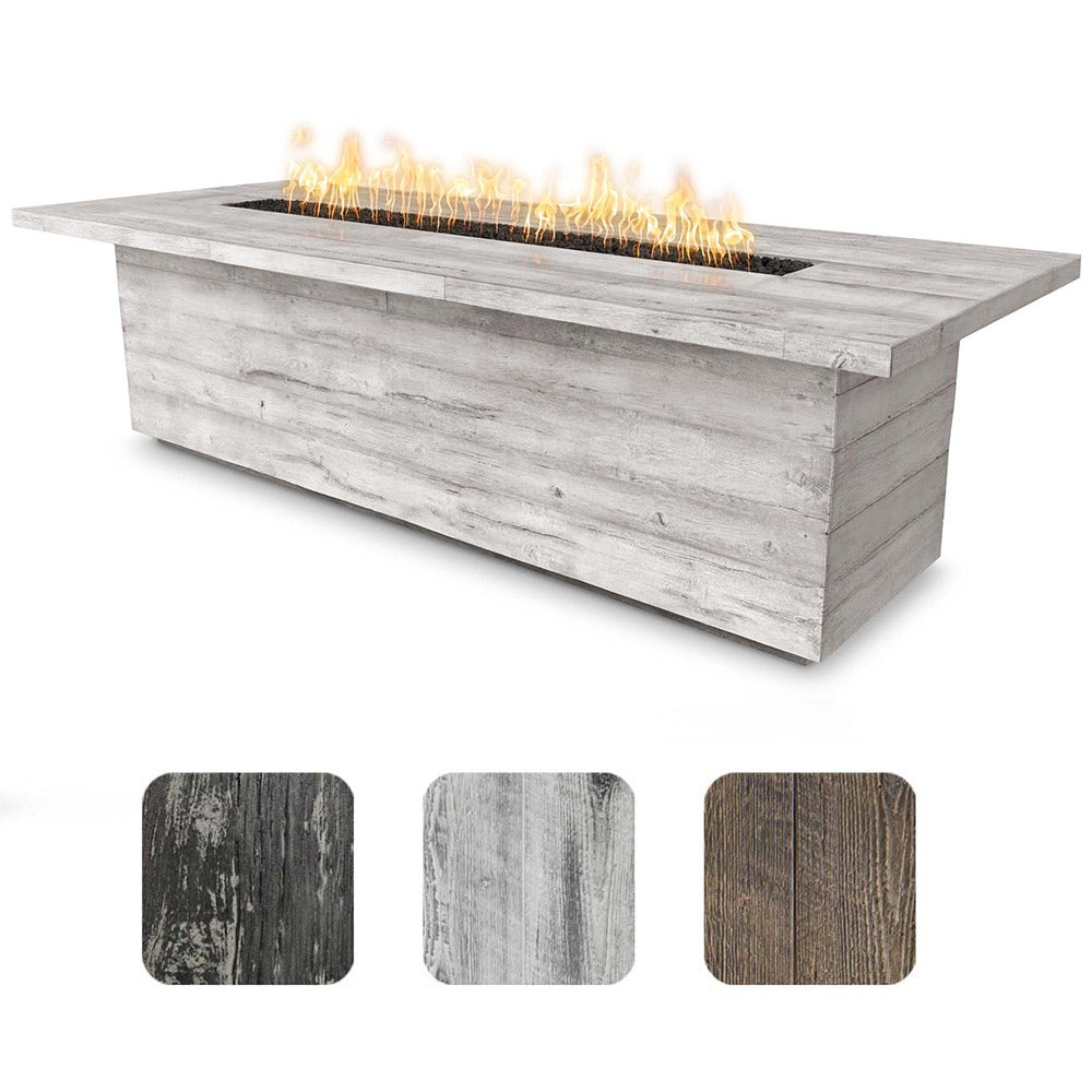 Rectangular wood-grain gas fire pit with visible flames, light gray concrete finish