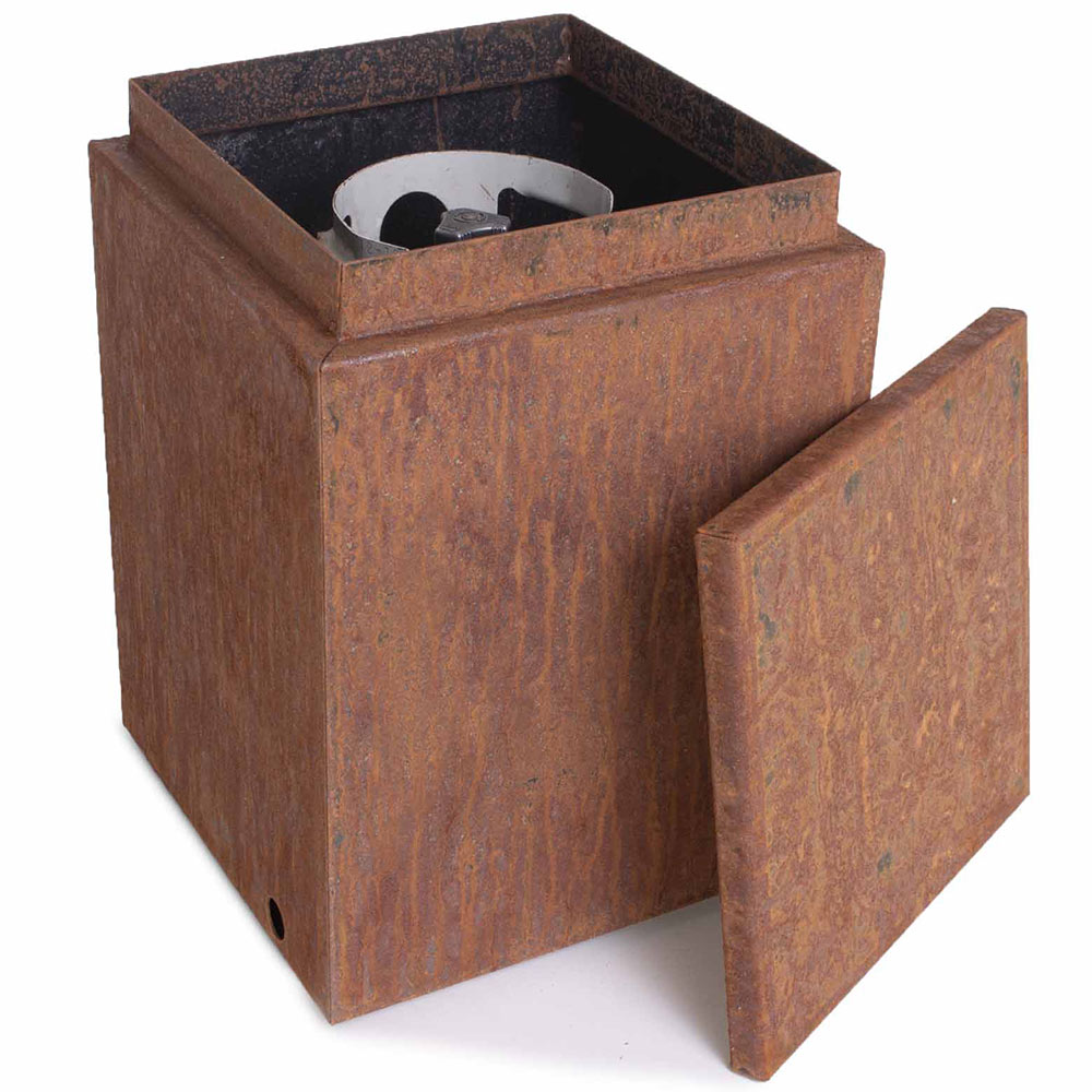 Corten steel propane tank enclosure, open-top box with rusted finish