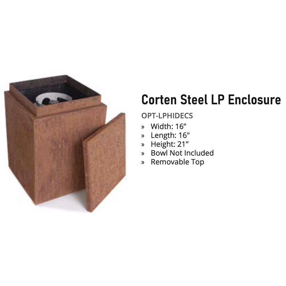 Corten Steel LP propane tank enclosure with rusted corten steel finish and side door