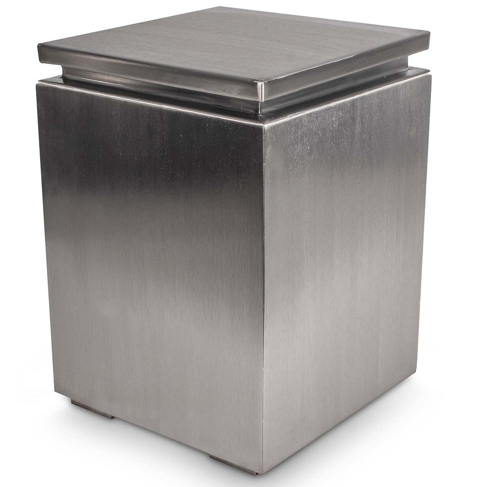 Stainless steel propane tank enclosure with square lidded top and front side panels
