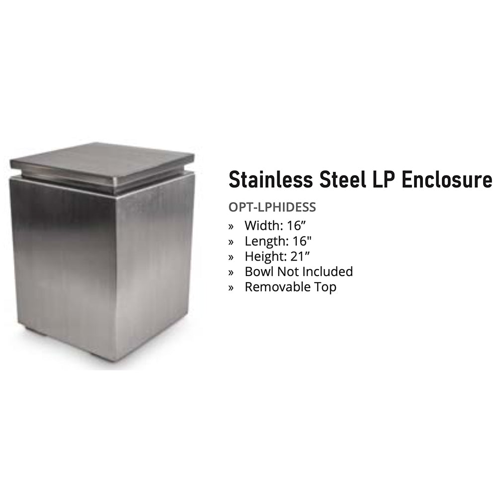 Stainless steel propane tank enclosure, square unit with removable top and size callouts