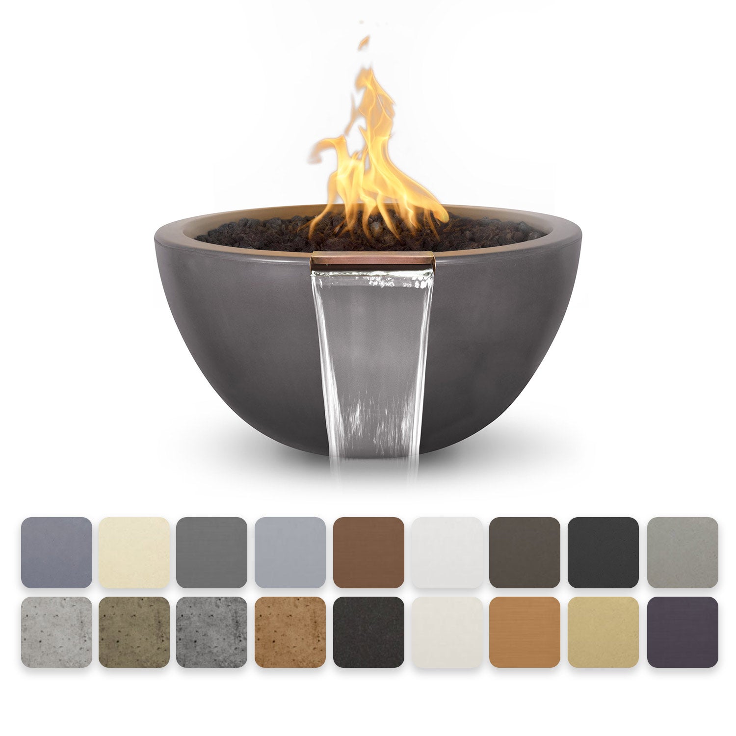 Round dark gray concrete gas fire and water bowl with flames and metal burner insert