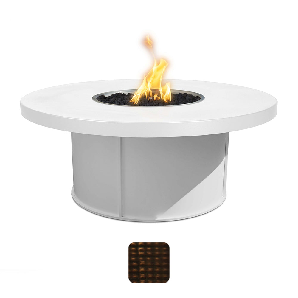 Round gas fire pit table with lit flame and circular burner on light gray base