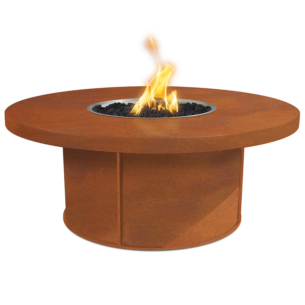 Round corten steel gas fire pit table with central burner opening and flames