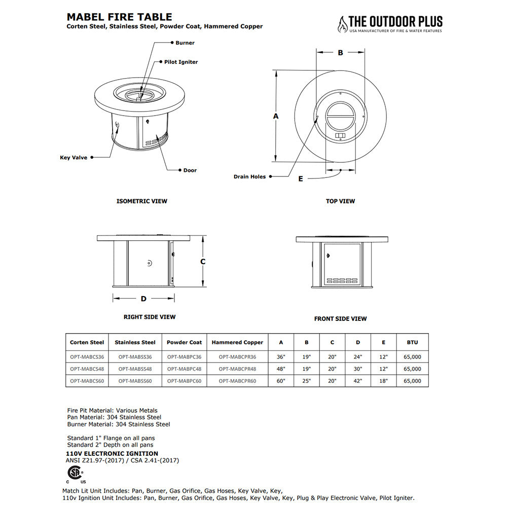 Corten steel Mabel fire table technical diagram with burner, key valve, and dimensions
