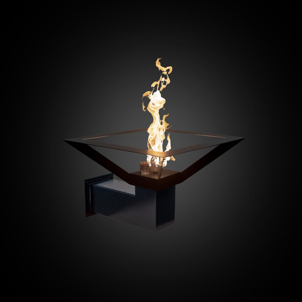 Wall mounted gas fire torch with flames, dark metal frame and burner, electronic ignition