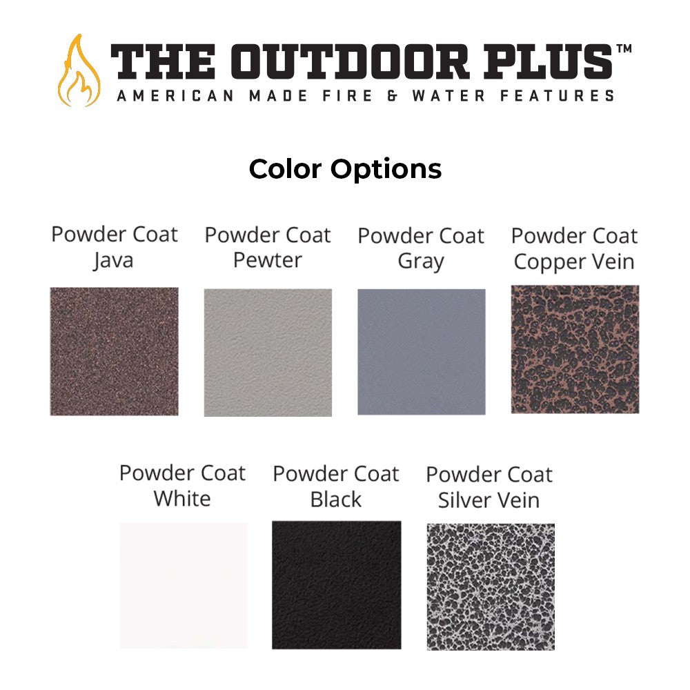 Finish color options swatches for wall mounted gas fire torch: Java, Pewter, Gray, Copper Vein