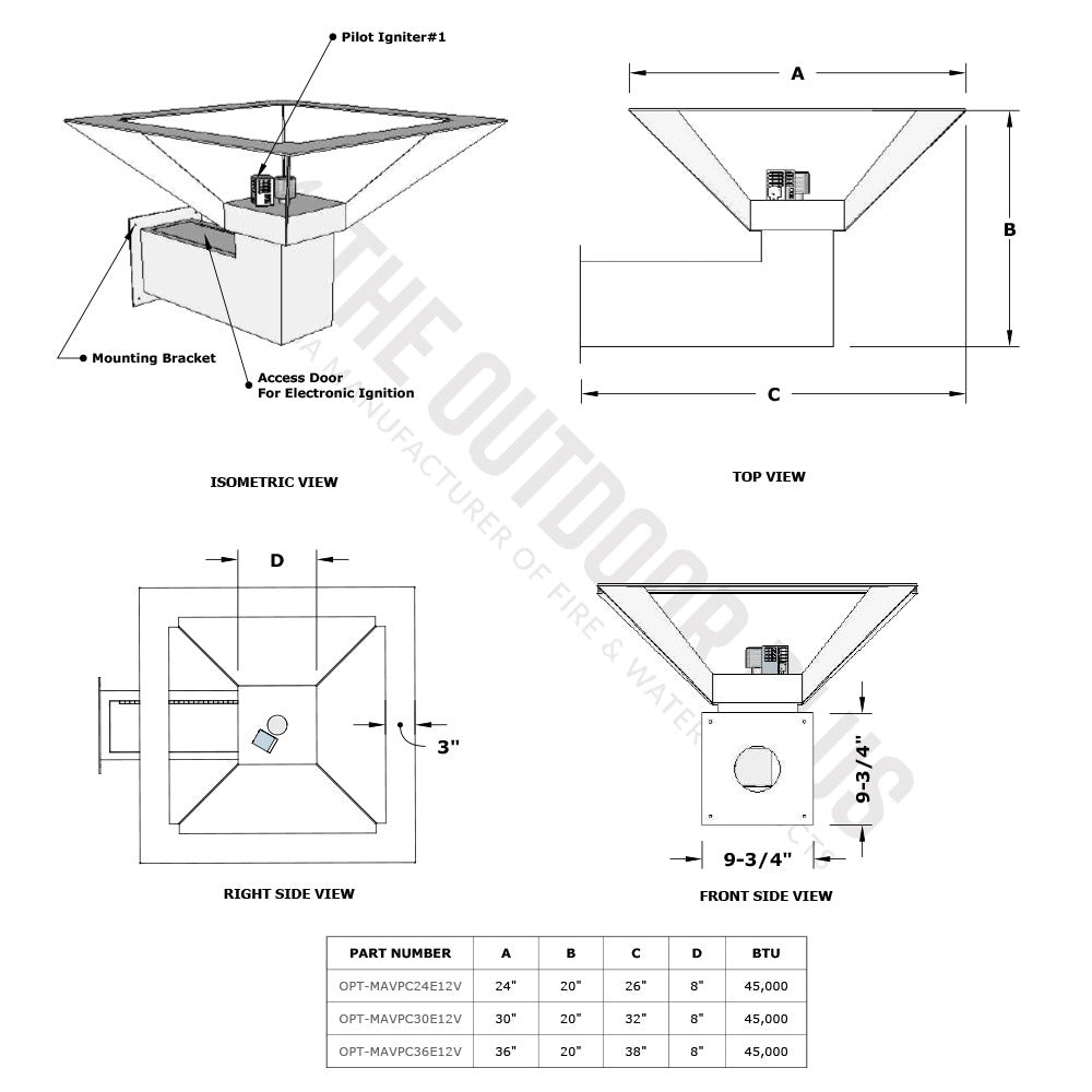 Wall mounted gas fire torch installation diagram with dimensions and electronic ignition parts