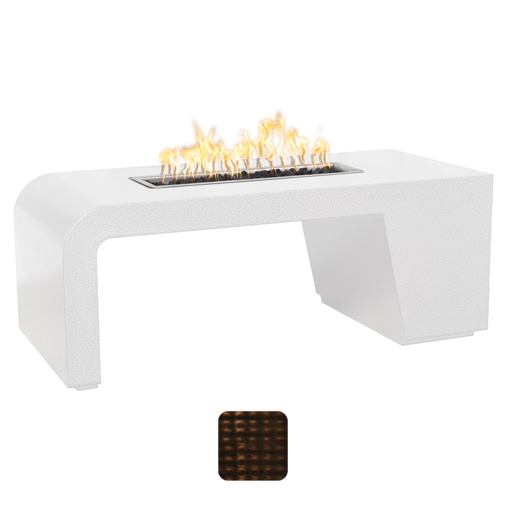 Linear gas fire pit with white base and open burner showing flames in copper tray