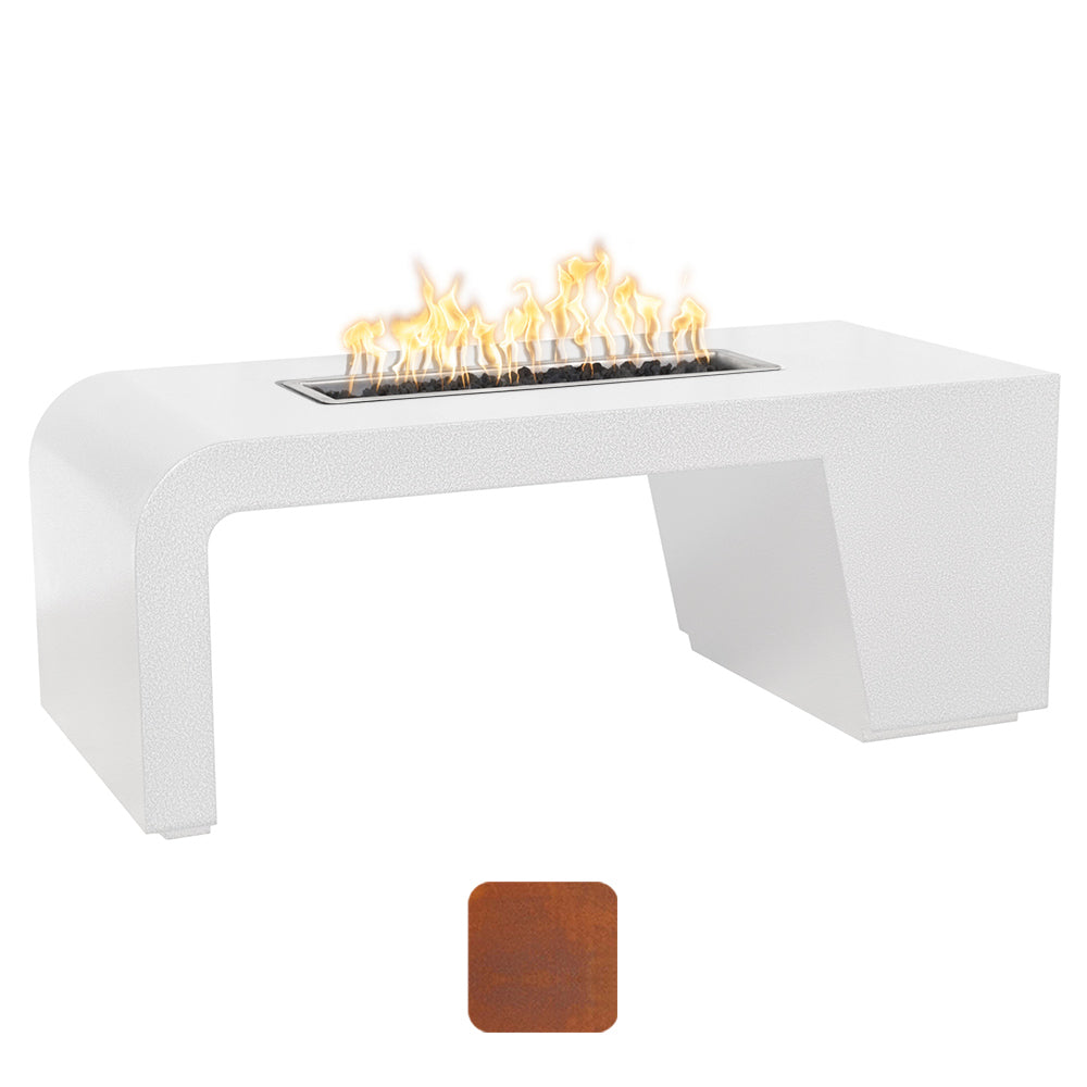Linear gas fire pit with burning flames, rectangular white burner housing