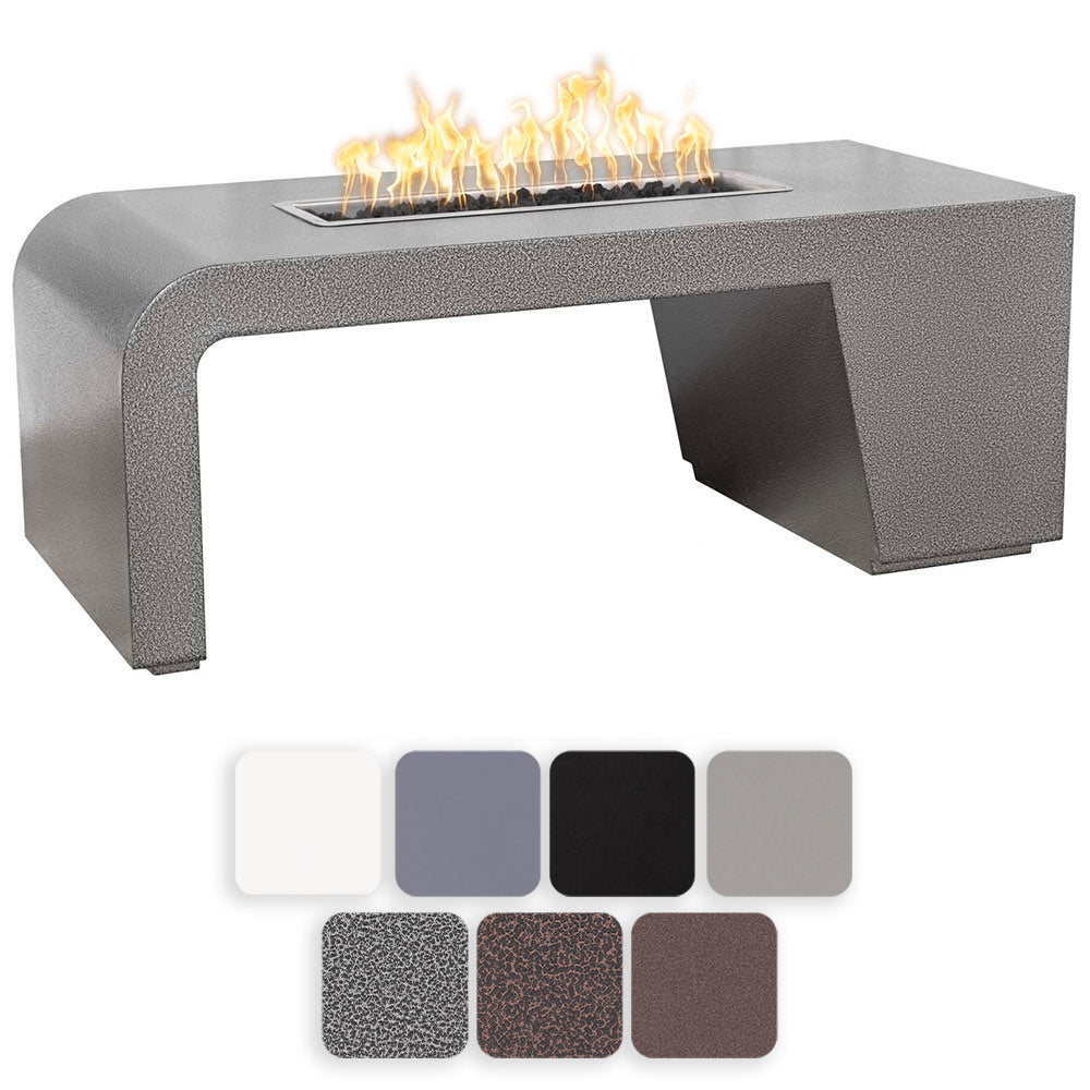 Gray powder-coated steel linear gas fire pit with open burner tray and side panels