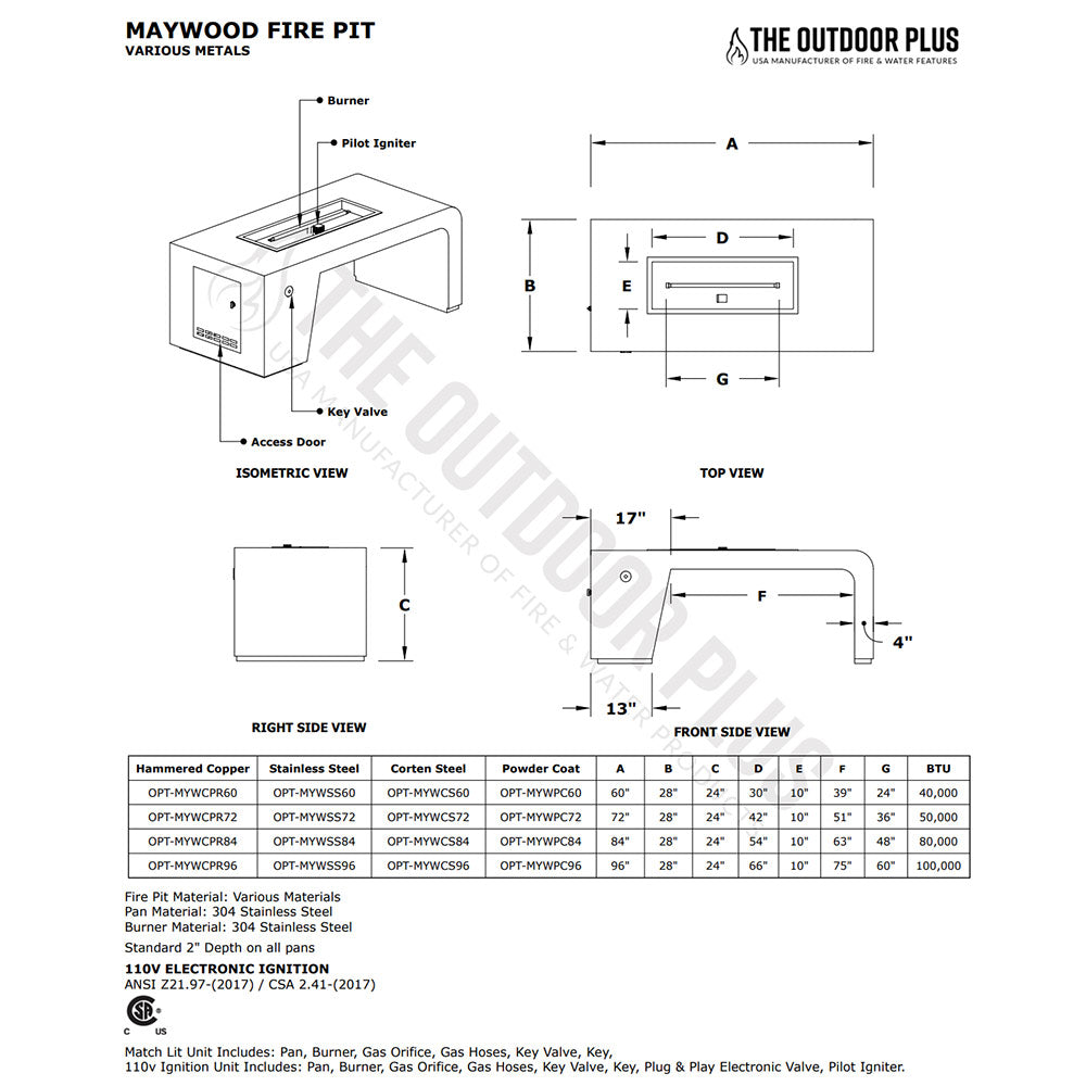 Maywood fire pit technical diagram with dimensions, parts labels, and material chart