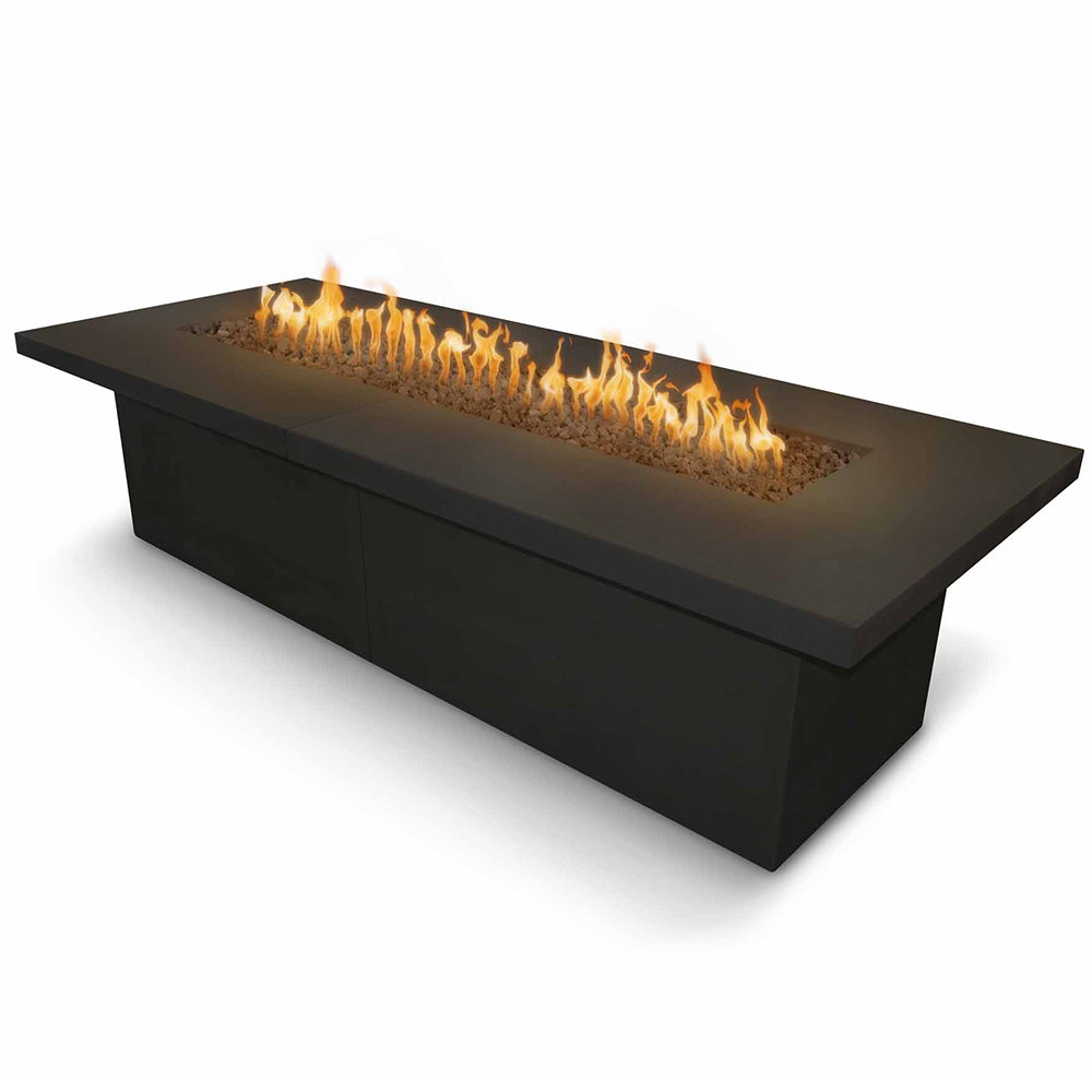 Dark gray rectangular concrete gas fire table with burner flames