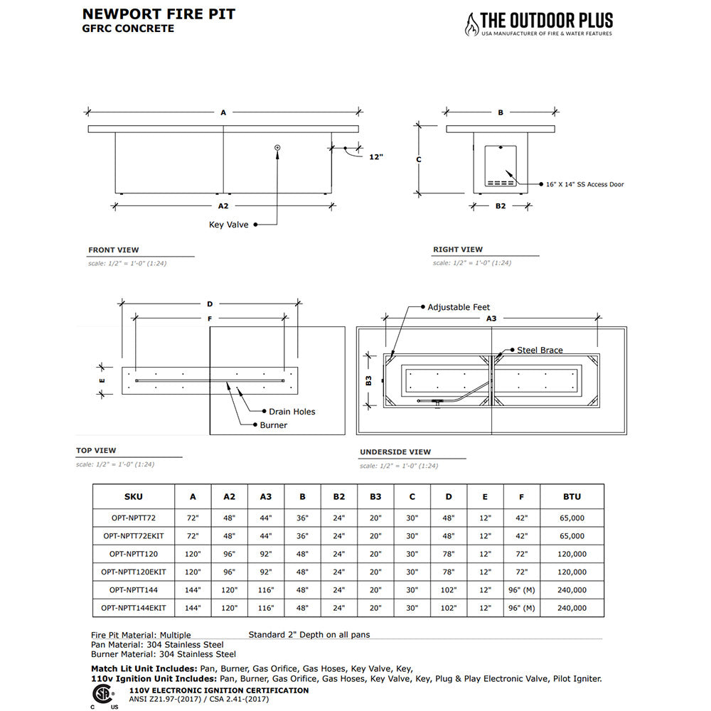 Rectangular concrete gas fire table technical diagram with dimensions and views