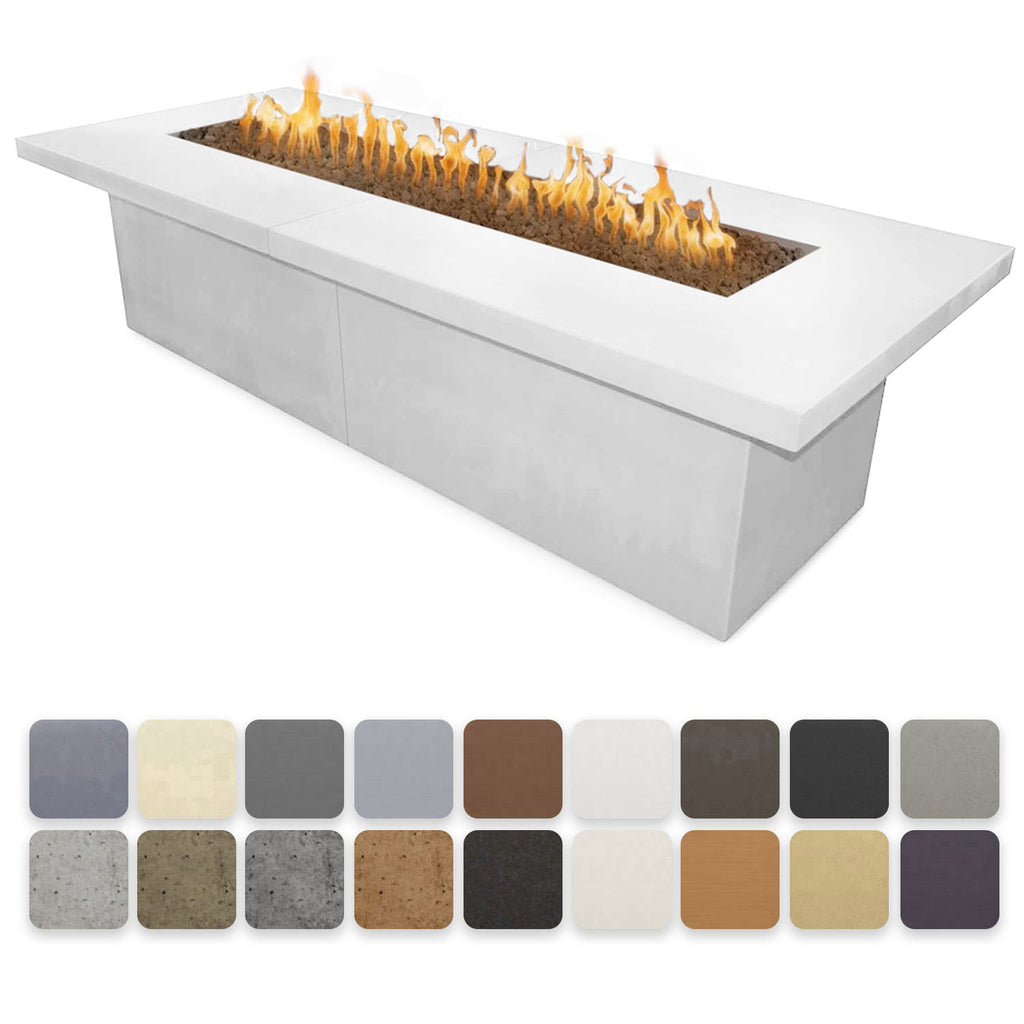 White rectangular concrete gas fire table with burner flames