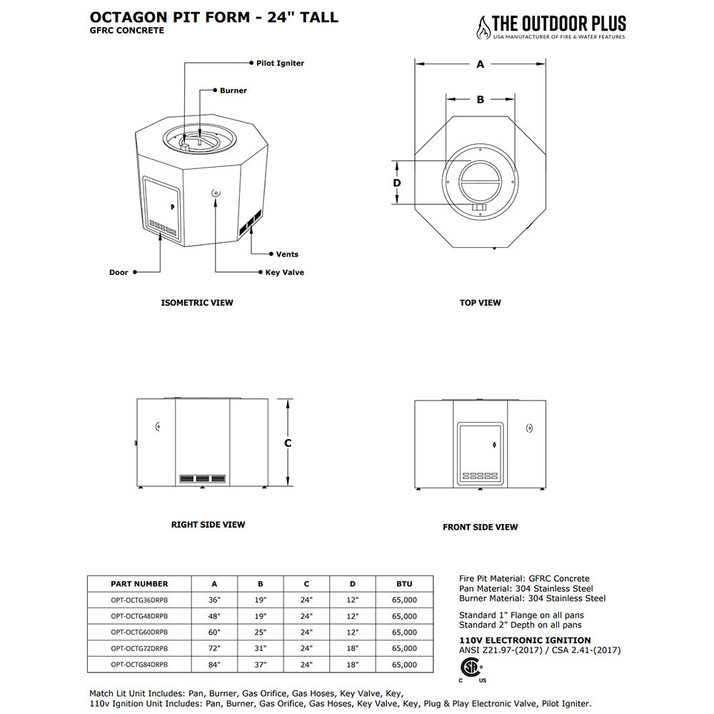 Octagon pit form dimensions diagram with burner, key valve, and vents labels