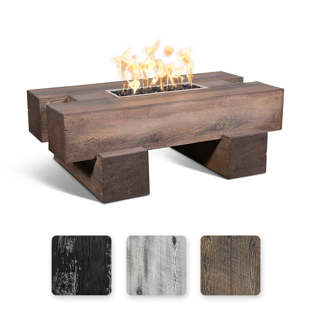 Dark wood-grain concrete linear gas fire pit with visible flames in rectangular burner