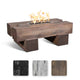 Dark wood-grain concrete linear gas fire pit with visible flames in rectangular burner