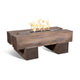 Wood-grain concrete gas fire pit with square open burner and visible flames