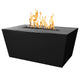 Black linear powder-coated steel gas fire pit with flames in the rectangular burner