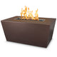 Brown linear powder-coated steel gas fire pit with flames over the rectangular burner
