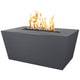 Dark gray linear gas fire pit with flames in an open rectangular burner