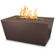 Dark brown linear powder-coated steel gas fire pit with flames over the rectangular burner